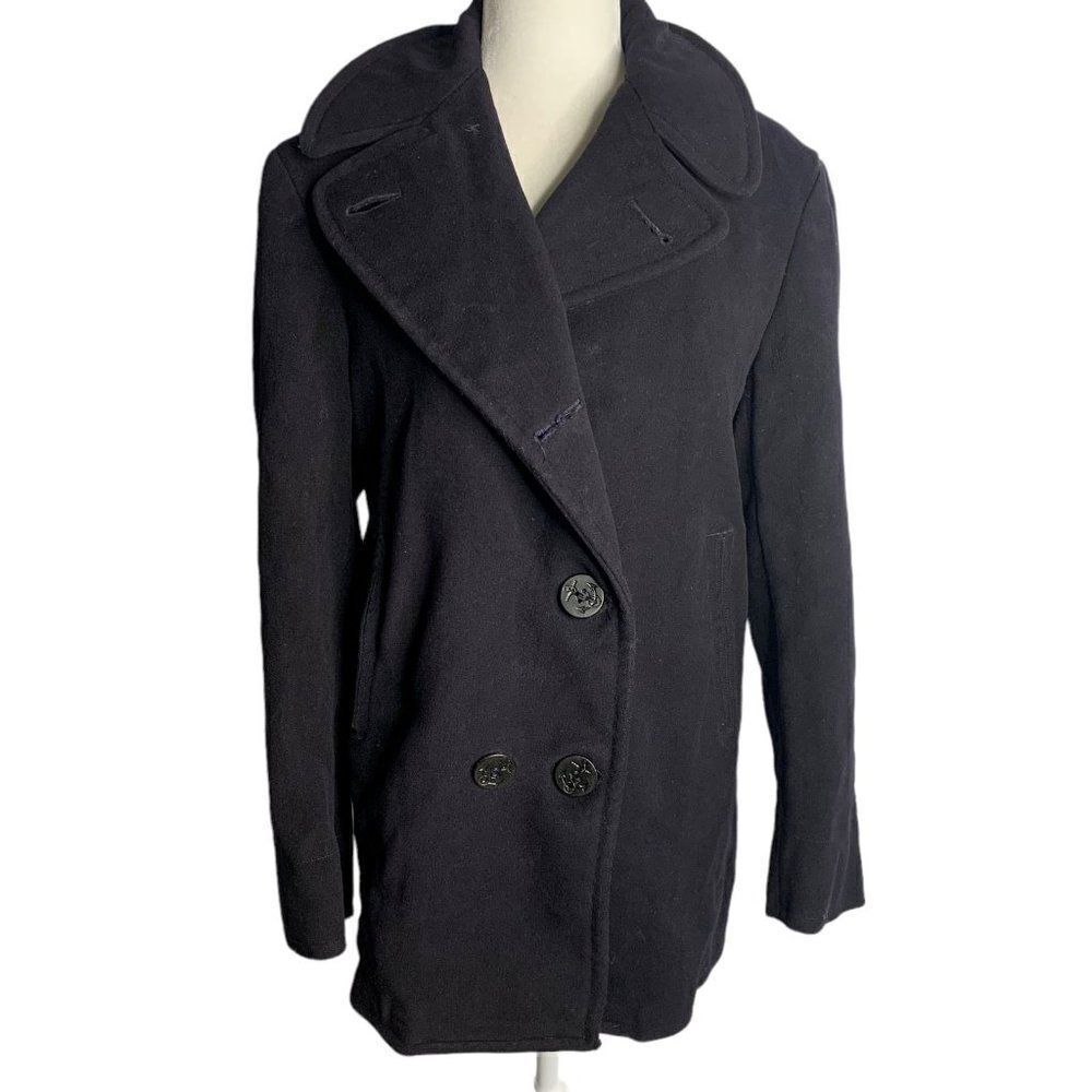 Vintage 50s Military US Navy Pea Coat 36 Black Wool Button Pockets Notch Collar